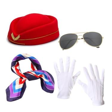 Imagem de hhdatc Conjunto de fantasia feminina de aeromoça, acessórios de aeromoça com chapéu, cachecol, óculos de sol e luvas, Vermelho, One Size