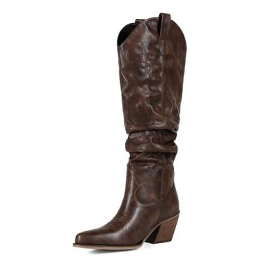 Imagem de Abbleet Botas femininas caubói, cano alto, cano alto, botas de cowgirl, bico fino, estilo caubói, botas de puxar para outono e inverno, Marrom, 36