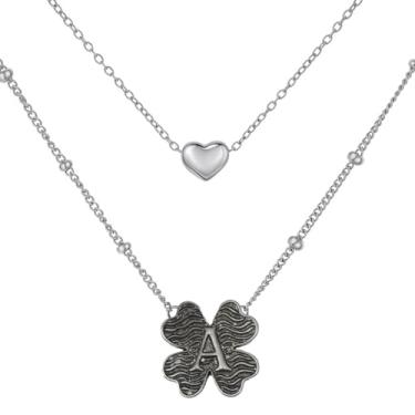 Imagem de MANZHEN Colar feminino com coração e trevo em camadas, inicial A-Z, design decorativo de elos de corrente, joias antigas, 18 Inches, Metal, Sem Pedra Preciosa