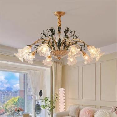 Imagem de Lustre Americano Pastoral com Criatividade Francesa e Flores para Sala de Estar, Sala de Jantar, Quarto, Escritório, Casa de Campo ou Escada - Luminária Pendente LED (B 10 Lâmpadas)