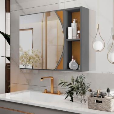 Imagem de Armário de Parede para Banheiro com Espelho Carolina Mobishop, Espelheira Branca com Prateleira, Gabinete Suspenso com Nichos Organizador (Cinza)