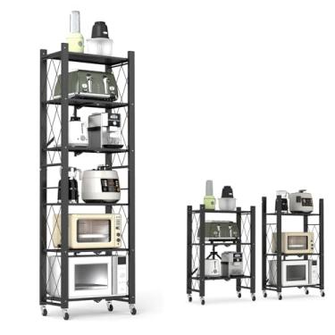 Imagem de Yuanjimi Prateleira dobrável de 6 camadas com rodas, prateleira dobrável de metal, unidade de prateleira de grande capacidade para cozinha, preta