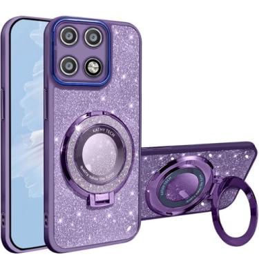 Imagem de HAONANDE Capa com glitter magnético para Xiaomi 14T Pro, capa de telefone transparente transparente com protetor de câmera roxa