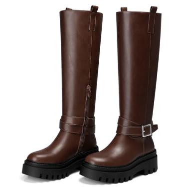 Imagem de CELLENZ Botas femininas de cano alto: Bota alta de bico redondo de 4 cm - Botas longas de panturrilha larga, bota plana moderna e confortável 2025 para trabalho, noite, viagens, 15 marrom, 38