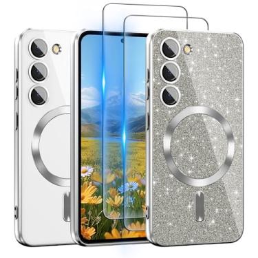 Imagem de Capa para Galaxy S23+ Plus compatível com MagSafe, [cartão de glitter e 2 peças de películas HD] Linda capa brilhante brilhante [nunca amarela], fina, à prova de choque, antiarranhões, capa