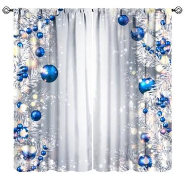 Imagem de Cortinas de bola de Natal azuis, feliz ano novo, ramos de abeto prateados, inverno, Natal, Natal, férias, cortinas de janela com bolso para varão, para cozinha, quarto, sala de estar, 107 x 114 cm