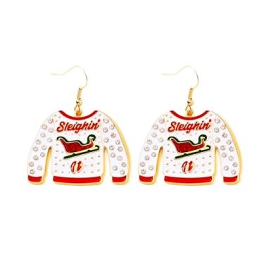 Imagem de LKingel Brincos de Natal para mulheres, strass, pérola, laço, lâmpadas, brincos com pingente, suéter de Natal, caixa de fita, brinco, decorações de Natal, presentes para mulheres, Large, Metal, Sem