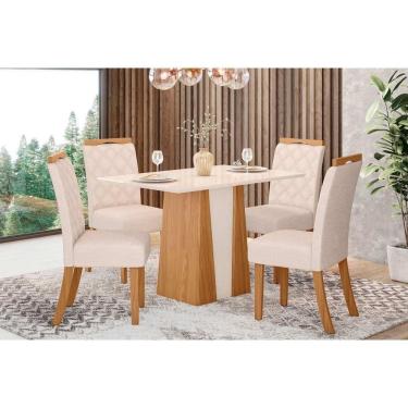 Imagem de Conjunto Mesa De Cozinha Orus Tampo Madeirado Com Vidro 120x80cm E 4 Cadeiras Bella Nature Linho Henn