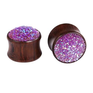 Imagem de Lirzxin Expansor de calibre, 2 peças de alargador de orelha de madeira alargado duplo sólido pedra cristal roxo 00G 10 mm marrom