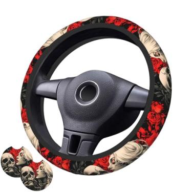 Imagem de Capa de volante Beauty and Skull com 2 porta-copos de carro antiderrapante de neoprene para mulheres e homens, conjunto universal de 38 cm, elegante e prático