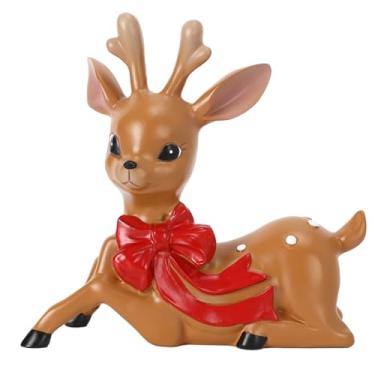 Imagem de nezababy Estatuetas de rena vintage de Natal 15,7 cm decorações de estátua de veado de resina retrô laço vermelho animal enfeites de mesa para Natal, escritório em casa, férias (B)