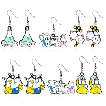 Imagem de QLYOVWE Conjunto de 4 brincos de ciência exclusivos para mulheres, copo de microscópio, química, molecular, DNA, biológico, ferramenta experimental, brincos, enfermeira, professora, cientista, joias