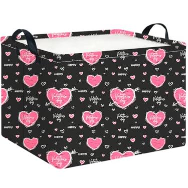 Imagem de CLOCOR Cesta de presente retangular de coração preto para dia dos namorados, caixa de armazenamento dobrável com padrão fofo, caixa de livros à prova d'água com alças, cesta de presente (Happy