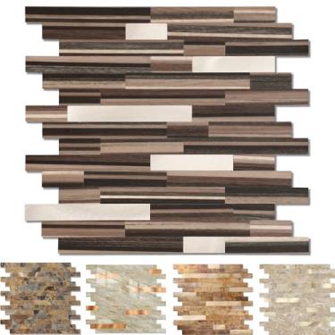 Imagem de Yipscazo 1 folha de revestimento de azulejo de metal de pedra, cole em azulejos para cozinha, banheiro, lavanderia, acampamento, lareira (30 x 30 cm, madeira marrom)