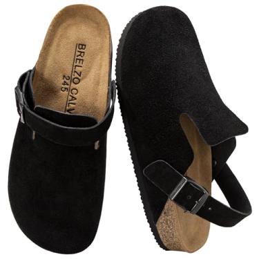Imagem de Brelzo Calvior Tamancos de camurça para mulheres e homens, sapatos de batata macia, sem cadarço, com suporte de arco e fivela ajustável, antiderrapante, Preto, 36 BR
