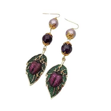 Imagem de Brincos de ametista natural redonda concha do mar pérola zircônia cúbica pavê folha besouro gancho brincos