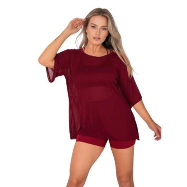 Imagem de Blusa Tule Feminina Fitness Academia Manga Curta Vinho Cor:VinhoTamanh