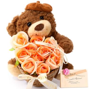 Imagem de HyDren Valentine's Day Gift Plush Stuffed Animal Bear with Cute Rose Flower Bouquet Greeting Card Clear Gifts Box String Light for Girlfriend Mother Women Birthday Anniversary Wedding(Champagne)