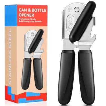 Imagem de Sopito Abridor de latas manual com ímã e abridor de garrafas, abridor de latas resistente de aço inoxidável, botão de giro fácil, alça macia e confortável, preto