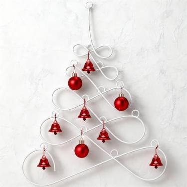 Imagem de Otoolling Decoração de parede de árvore de Natal de metal, enfeites de Natal brancos com sinos e bolas vermelhas para decoração de quarto de porta da frente (39,9 cm x 30 cm)