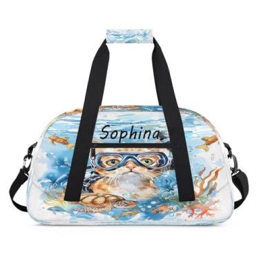 Imagem de Bolsa esportiva personalizada, animal, gato, oceano, fofa, com nome, bolsa de dormir personalizada, bolsa de fim de semana, bolsa de treino para dança, balé, academia, ginástica, mala, viagem