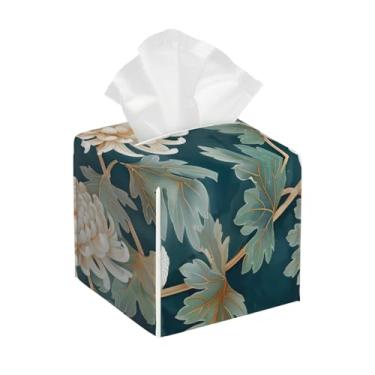 Imagem de Capa quadrada de couro para caixa de lenços de papel, à prova d'água, floral, retrô, crisântemo, organizador de papel facial com cinto inferior, estojo de lenços para mesa, banheiro, escritório, mesa