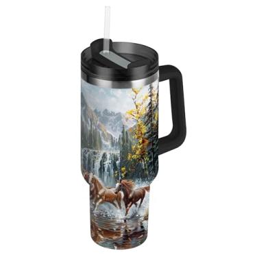 Imagem de SEHANY Copo Majestic Horse 1,134 g com tampa e canudo, aço inoxidável de vácuo duplo isolado garrafa de água esportiva suporte para copo de café de viagem à prova de vazamento para bebida gelada