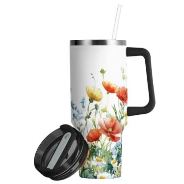 Imagem de ATTX Copo colorido de 850 g de flores silvestres com alça, copo de aço inoxidável a vácuo de parede dupla com palha, caneca de café de viagem isolada #840