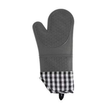 Imagem de Luva de Silicone Térmica Resistente ao Calor, Cinza, Padrão Xadrez, com Forro Macio, Antiderrapante, 37,5 x 18,5 x 3 cm, para Cozinha