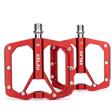 Imagem de Kelxu Pedais de bicicleta de montanha 3 rolamentos selados alumínio usinado CNC 9/40.6 cm pedais planos de bicicleta com pinos de aderência removíveis para bicicleta de estrada MTB BMX (vermelho)