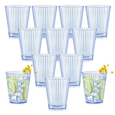 Imagem de 12 peças de copos de plástico com nervuras de 290 ml, azul, inquebrável, vintage, ondulado, sem haste, copos de vinho, copos de vidro, copos retrôs, descartáveis para casamento, chá de bebê, festa de