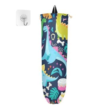 Imagem de xigua Suporte de parede para saco plástico de dinossauros coloridos com cordão, pacote com 2, organizador de sacolas de supermercado reutilizável para bolsas, meias, roupas íntimas e gravatas