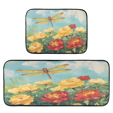 Imagem de STAYTOP Tapetes de cozinha de flores silvestres e libélulas, 2 peças, tapete de entrada frontal, antiderrapante, alivia a fadiga, lavável, tapete para cozinha, quarto, varanda