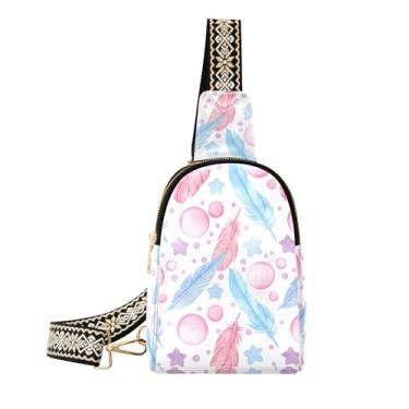 Imagem de CEBUGI Pochete feminina com penas em aquarela, bolsa tiracolo de couro, para caminhadas, viagens ao ar livre