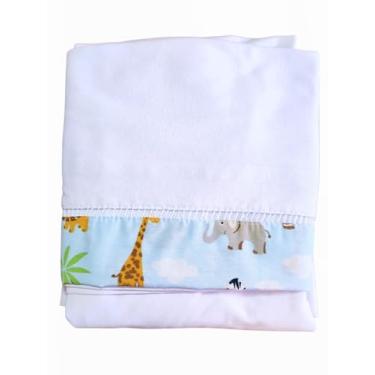 Imagem de Jogo de Lençol 2 Pçs Simples com Elástico para Berço Americano Safari Malha com Ponto Palito e Barrado Branco/Azul