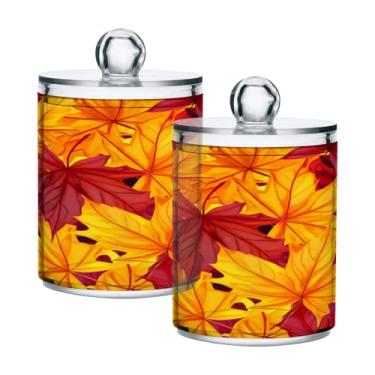 Imagem de STAYTOP 2 frascos de boticário Qtip para banheiro com etiquetas – Recipiente de armazenamento Qtip de plástico transparente para bola de algodão, cotonete, grãos de café e folhas coloridas de outono
