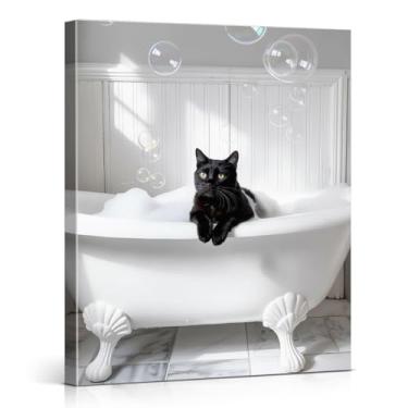 Imagem de Impressão de arte de parede de gato engraçado gato preto e branco imagem engraçada animal decoração de parede para banheiro tela emoldurada 20 x 25 cm