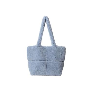 Imagem de CORIOS Bolsa feminina de lã de cordeiro de pelúcia macia bolsa de ombro fofa bolsa fofa com alça superior, Azul, Large