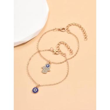 Imagem de Conjunto de pulseiras com pingente de mão de olho turco e Hamsa, joia de pulso com tema de proteção, design ajustável, acessório refinado simples., One Size, Metal, Sem Pedra Preciosa