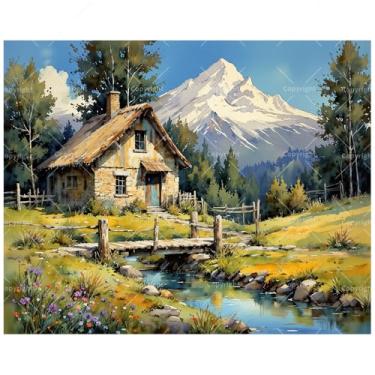 Imagem de Kit de pintura de cabana de montanha por números para adultos - DIY Stone Cottage by Creek and Snowy Peak Pintura em tela 40,6 x 50 cm, conjunto de tinta acrílica para iniciantes, arte para decoração