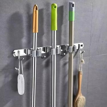 Imagem de Suporte de Parede com Gancho para Vassoura e Ferramentas – Armazenamento Organizado, Resistente até 50kg – Aço Inox e Plástico