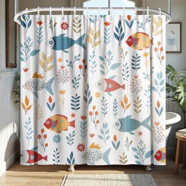 Imagem de KAIRA Cortina de chuveiro sob o mar 182 x 182 cm com ganchos, decoração de banheiro infantil oceano com peixes e corais coloridos de desenho animado, tecido de poliéster impermeável fofo, cortina de