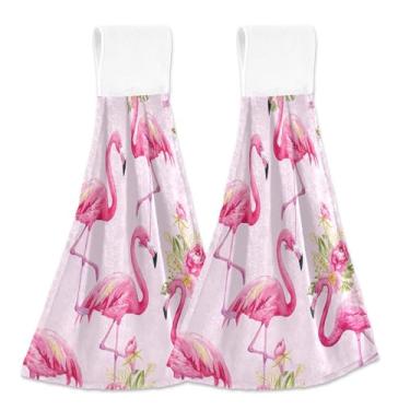 Imagem de Toalhas de mão de cozinha de flores vibrantes flamingos rosa com laço para pendurar conjunto de toalhas de dedo personalizadas para forno com 2 toalhas fofas macias absorventes para decoração de