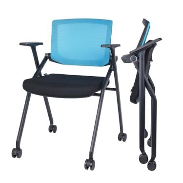 Imagem de BROBRIYO Cadeira dobrável atualizada com rodas e acolchoada, encosto e braços de malha ergonômica para escritório, reuniões, conferências, recepções, salas de treinamento e cadeiras de escritório