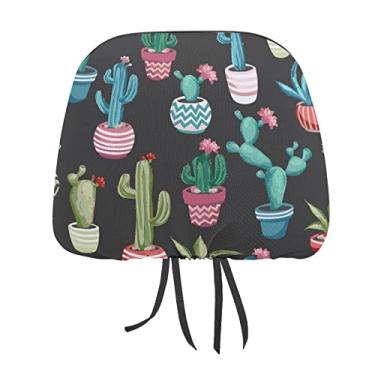 Imagem de Cactos sem costura e suculentas flores em vasos no escuro 1 peça capa protetora universal para encosto de cabeça para assento de carro, capa macia para encosto de cabeça de carro, acessórios de