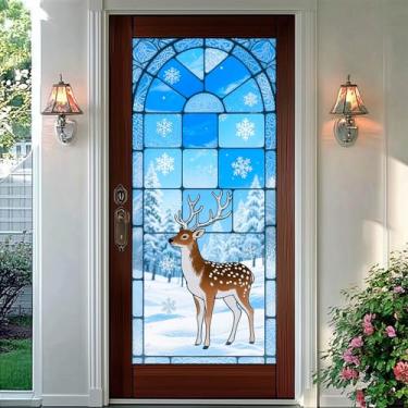 Imagem de HOMETITUTE Película para janela de vitral de veado 17,7 x 39,3 polegadas com design de floco de neve de inverno arqueado com design de floco de neve painel de privacidade para janela de porta