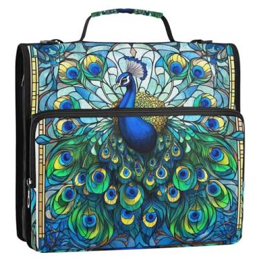 Imagem de Fichário organizador com 3 anéis de 3,8 cm, anel D, vitral, arte pavão, zíper, fichário com alça de ombro para escola, estojo de armazenamento colorido com alça