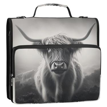 Imagem de Fichário organizador monocromático com zíper com 3 anéis de vaca highland resistente com alça de ombro para escola, portfólio de estudantes, suporte de 500 folhas