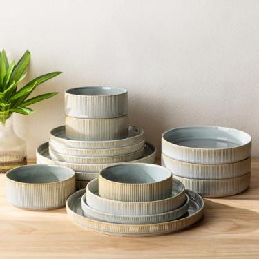 Imagem de TheTerra Conjuntos de louça de cerâmica com tigelas de macarrão para 4, 16 peças de pratos e tigelas leves de porcelana, conjunto de pratos resistentes a arranhões, seguro para forno, micro-ondas e