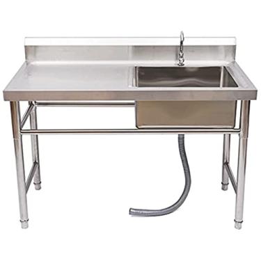 Imagem de Pia utilitária de aço inoxidável 304, conjunto de pia de cozinha de restaurante comercial, 1 compartimento de pia de cozinha com bancada de trabalho, com torneira e dreno (119,4 cm),